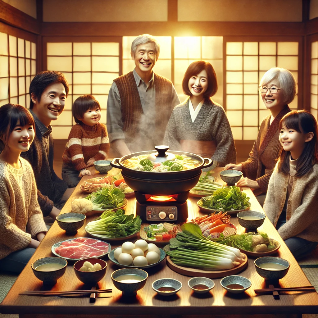 Image of family enjoying nabe (hot pot) in Japan during winter season